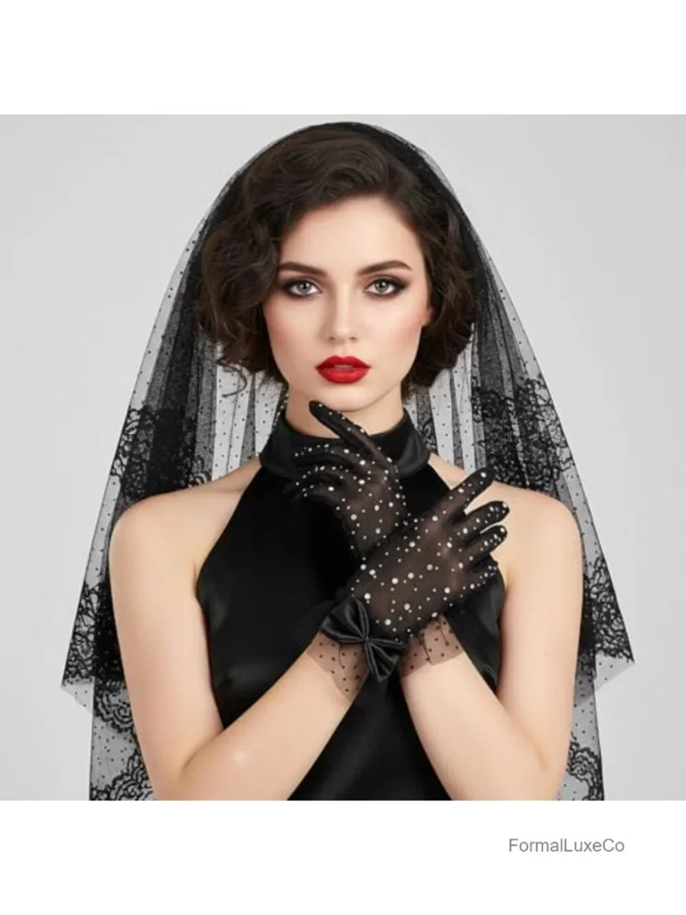 Sheer Mesh Lace Floral Gloves with Rhinestones and Bow, Elegant Tea Party